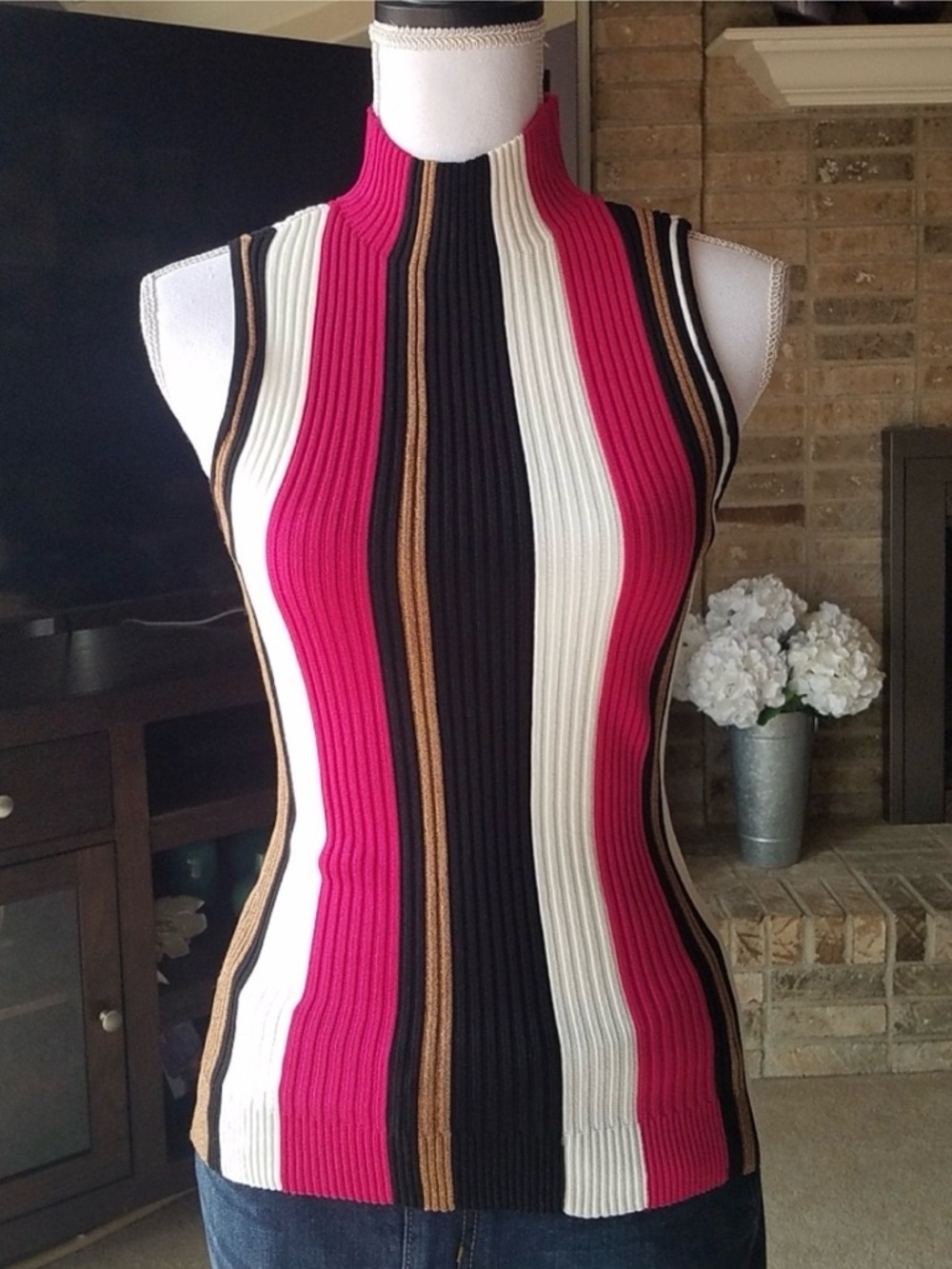 INC International Concepts Striped Sleeveless Fitted High Neck Knit Top NWOT